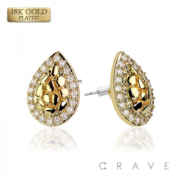 PAIR OF 18K GOLD PLATED MULTI CZ GEMS TEAR DROP INGOT CENTERED NUGGET EARRINGS